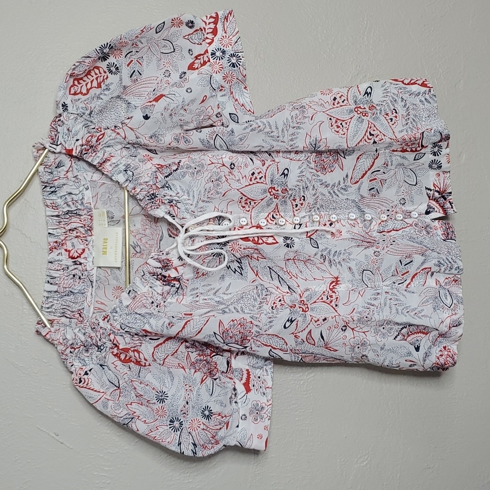 Anthropologie Maeve Floral Peasent Boho Linen Blend Buttonfront Top Size 2
